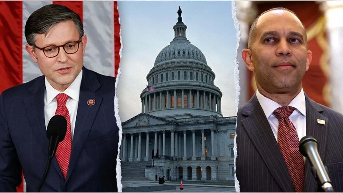 Speaker Mike Johnson, the US Capitol and Hakeem Jeffries