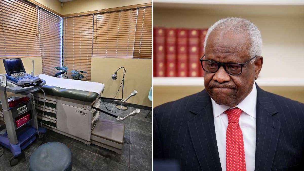 abortion clinic room, left; Justice Thomas, right