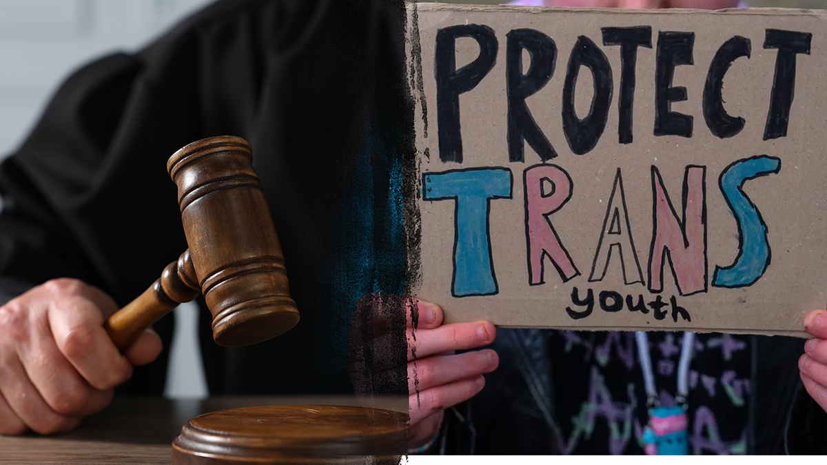 Judge and gavel and transgender youth sign