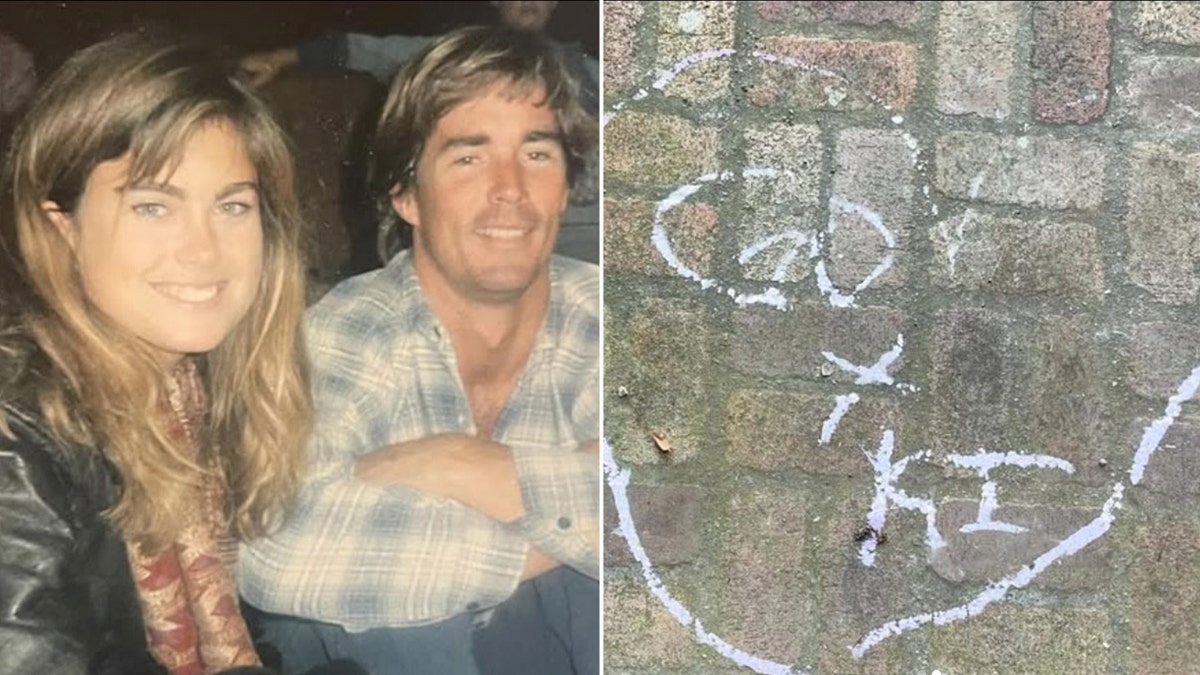 Ejecting a photo of Kathy Ireland and her husband, Dr. Greg Olsen, and love with chalk, left