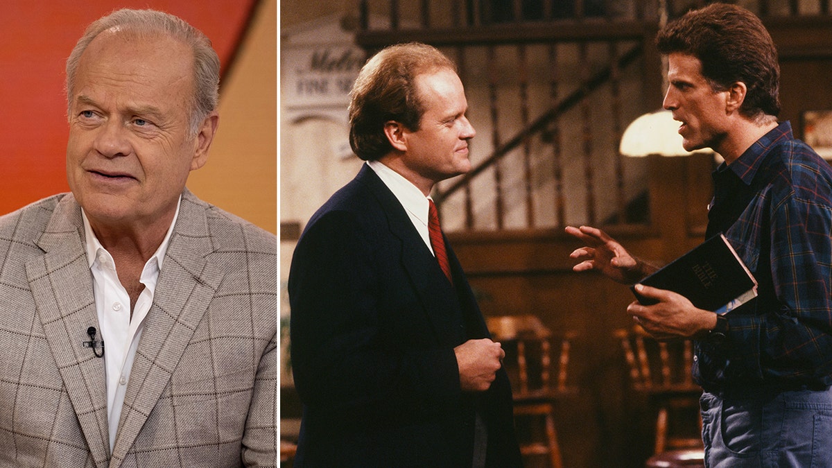 side by side photos of Kelsey Grammer sitting and Kelsey Grammer and Ted Danson in a scene from Cheers