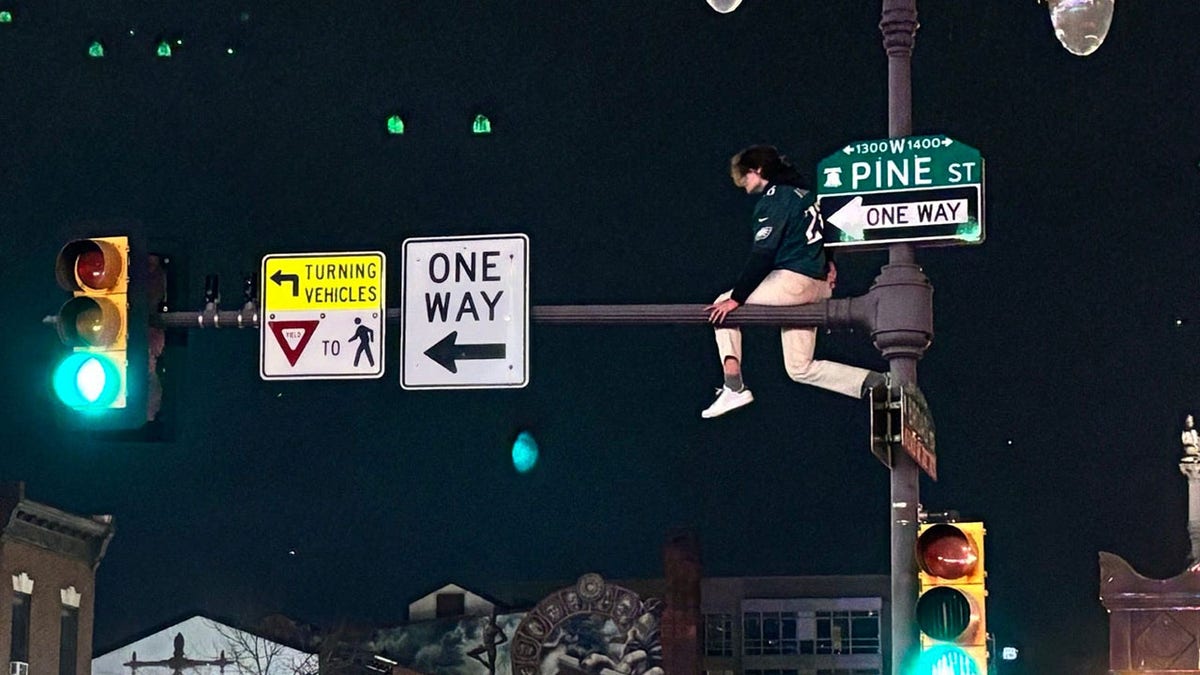 Eagles fan on lamppost