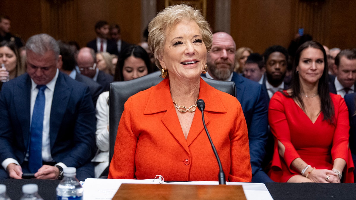 Linda McMahon, confirmed March 3, 2025, as the 13th Secretary of Education at a hearing of the Health, Education, and Labor Committee on her nomination, Thursday, Feb. 13, 2025, in Washington. (AP Photo/Jacquelyn Martin)