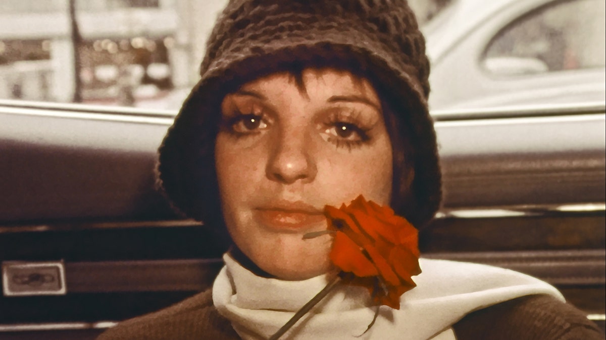 A close-up of Liza Minnelli wearing a brown dress, white scarf and a matching hat holding a red rose.