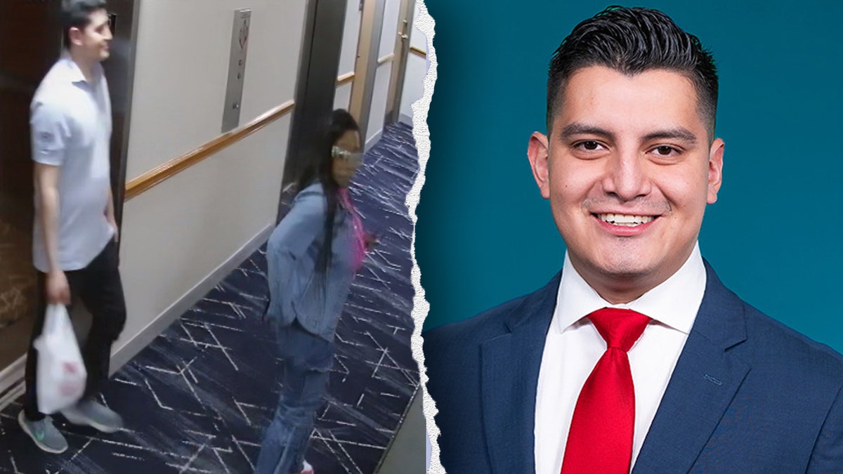 An image divided from images of the hotel security chamber showing Adan Manzano and Danette Colbert next to Manzano's head