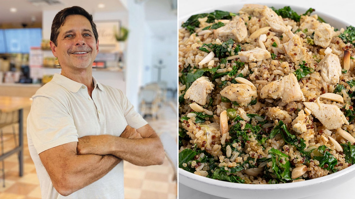 Mario Laufer, executive chef and founder of Carrot Express, poses for a photograph, left. His favorite dish, right, is also a favorite on the menu at his restaurant.