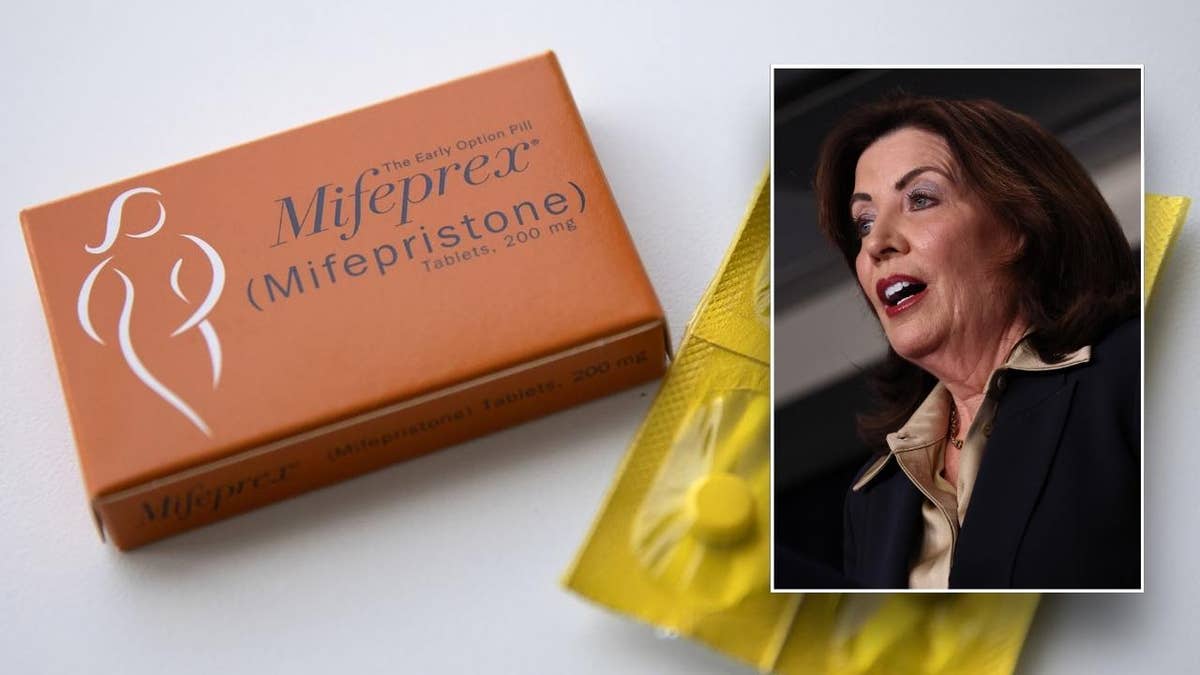 photo split: mifeprex box with inset of Gov. Hochul