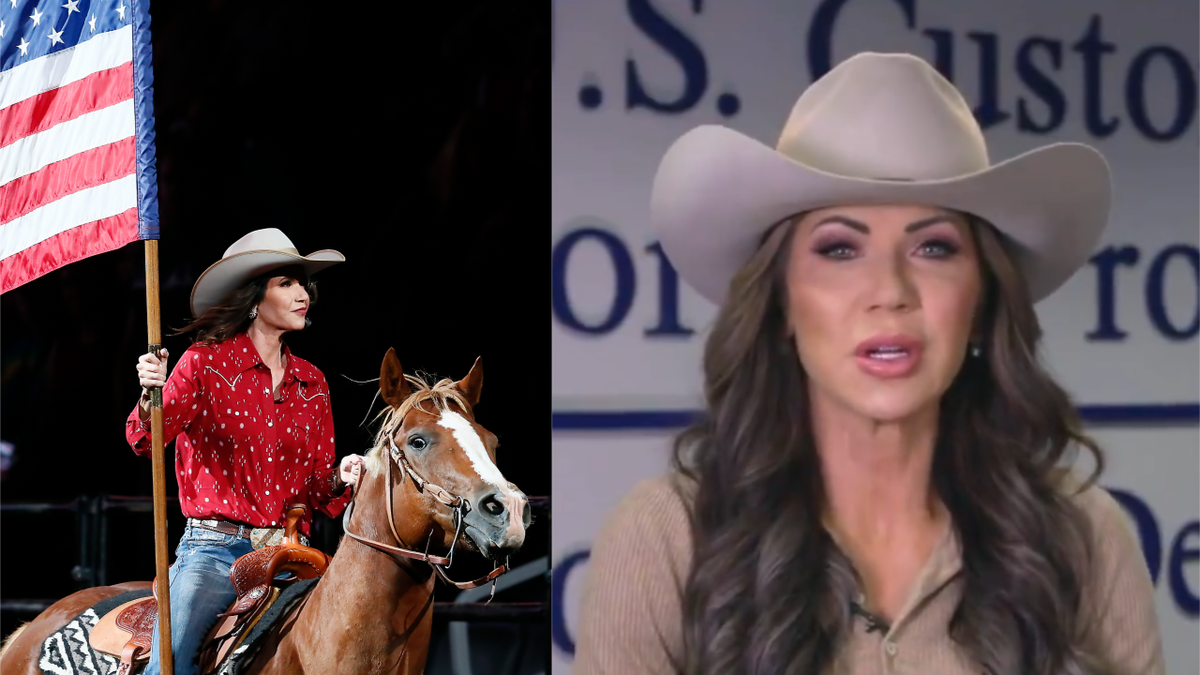 Kristi Noem, then Governor of South Dakota, at a rodeo in 2020 (left) and wearing a cowboy hat on Meet the Press in 2025 (right).