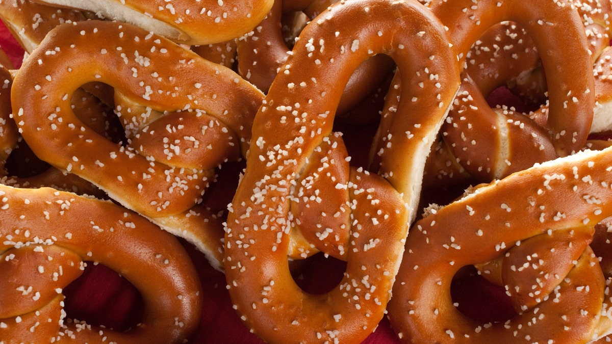 A closeup view of soft, figure 8-shaped Philadelphia pretzels.