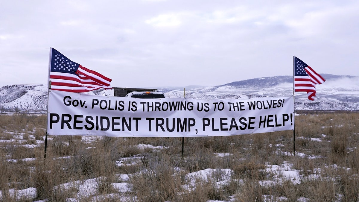 banner reading "Gov. Polis is throwing us to the wolves! President Trump, please help!"