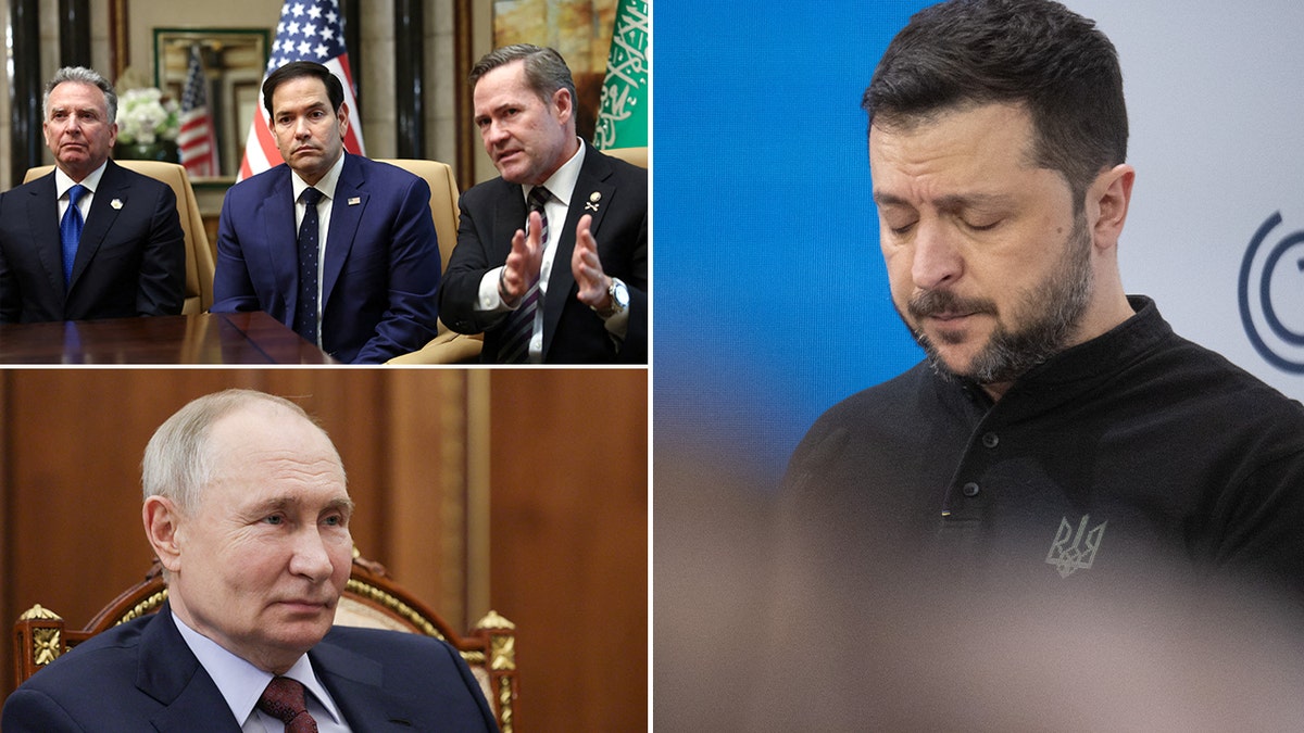 Fotomontage von Secstate Rubio, oben links, Putin unten links und Volodymyr Zelenskyy, rechts 