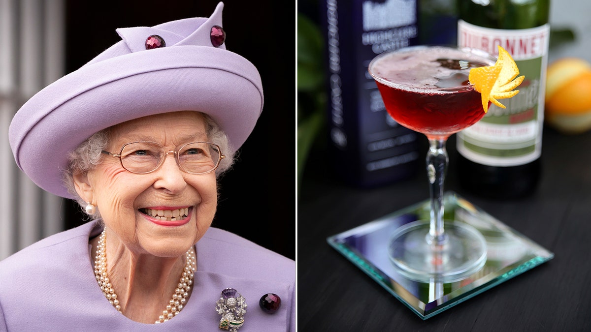 Queen Elizabeth is pictured successful  2022, left. Her favourite  portion  is recreated, right, arsenic  the Queen's Jubilee cocktail.