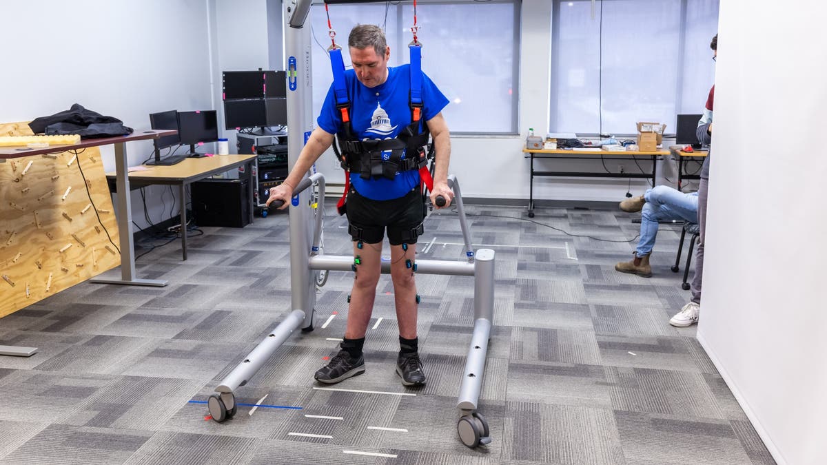 Research participant Doug McCullough uses a bodyweight support system to walk during a testing session at the University of Pittsburgh.