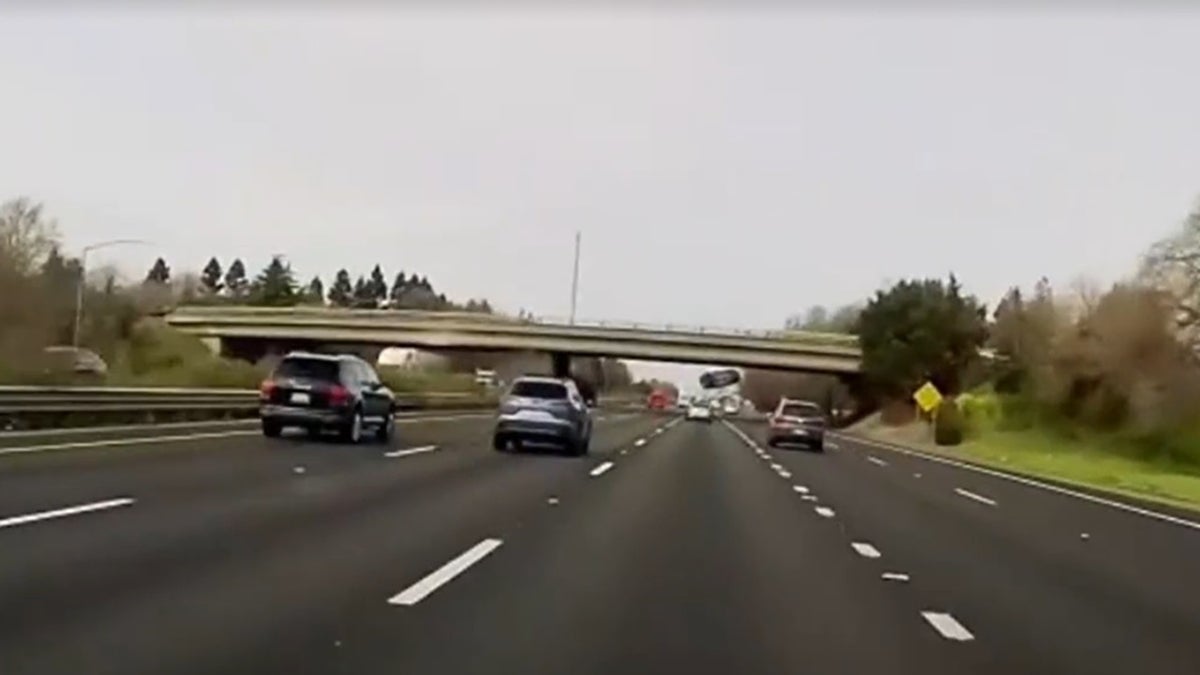 Vehicle flying off overpass