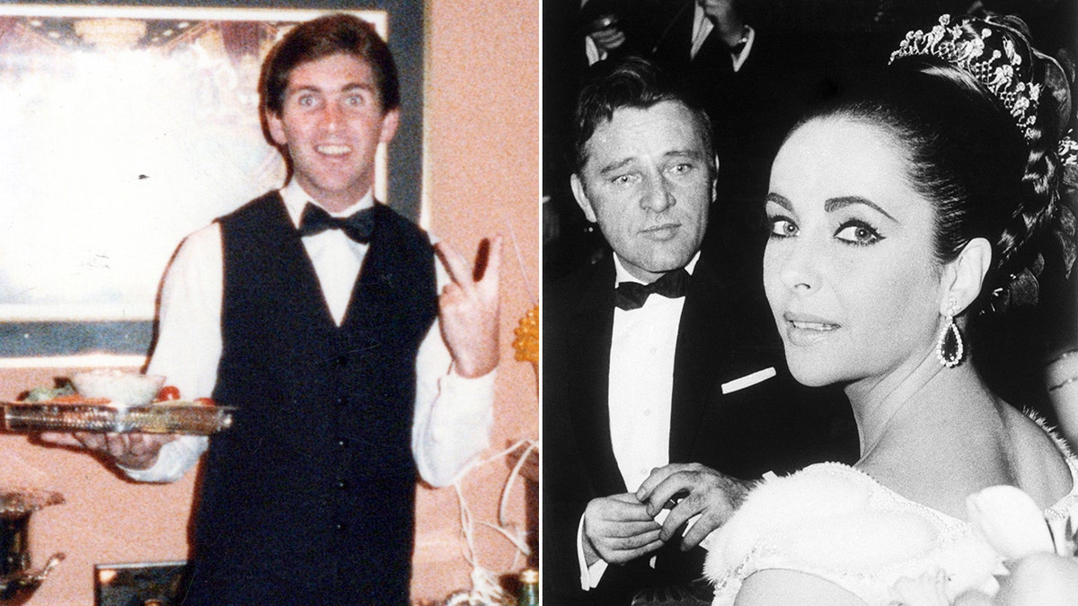 A split side-by-side image of Terry Moogan and Elizabeth Taylor with Richard Burton