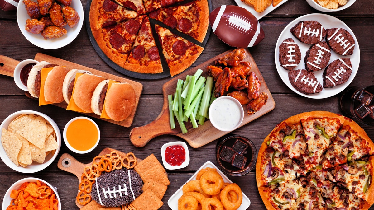 A propagation of several Super Bowl food is shown from above.