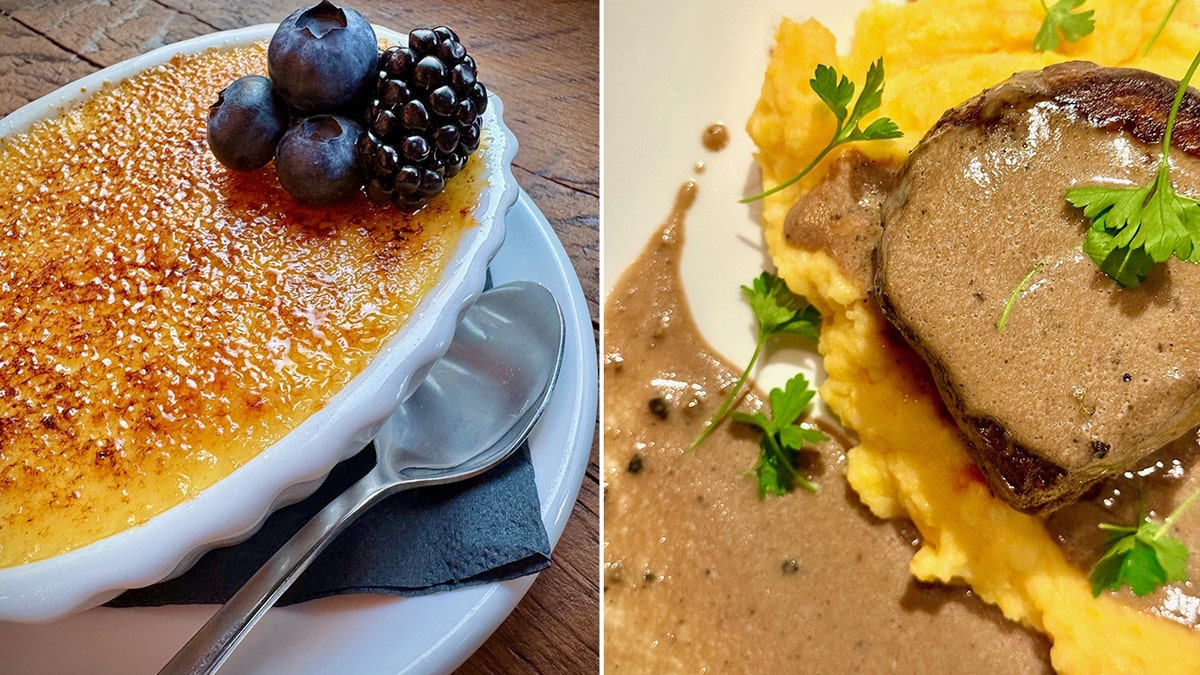 Two dishes (from left to right, a dessert and an entree) served at Table 33 in Dayton, Ohio, are shown.