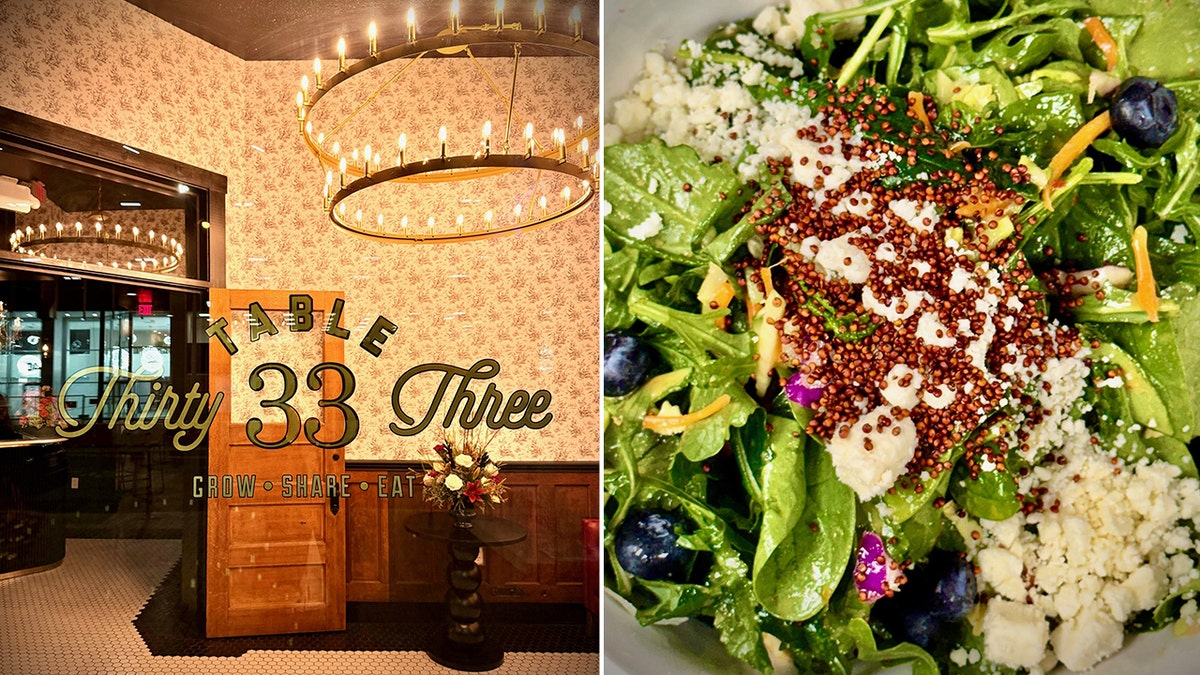 The entrance to Table 33 in Dayton, Ohio, is pictured, left. A salad served at the restaurant is shown, right.