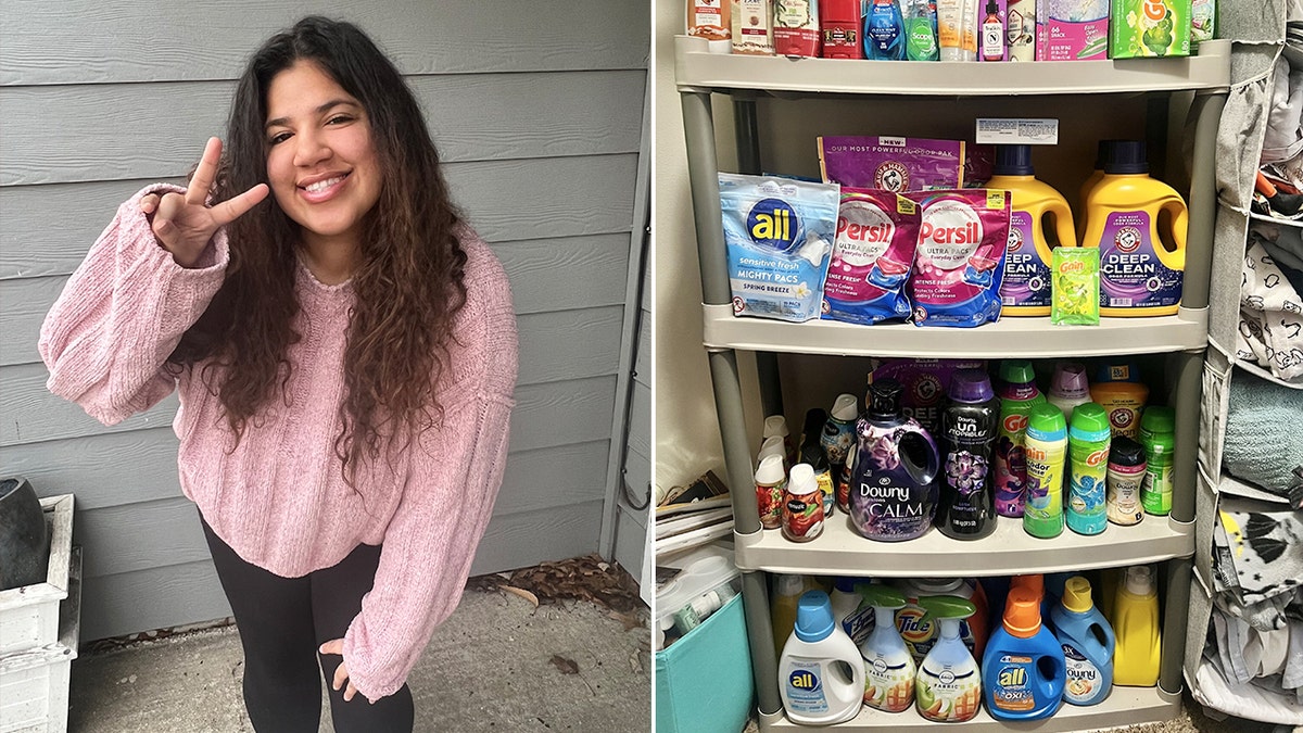 Taryn Blankenship flashes a peace sign. Opposite are some household items she acquired by couponing.