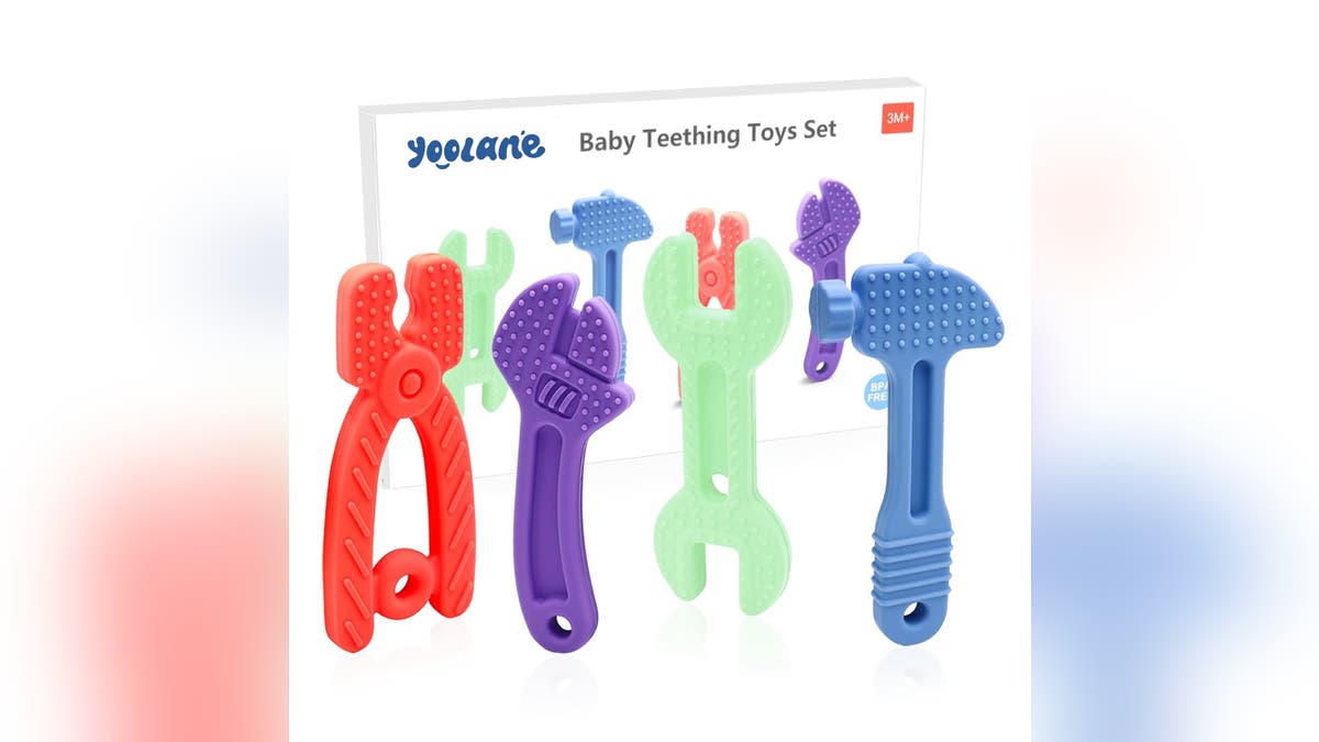 These teethers are shaped like tools.