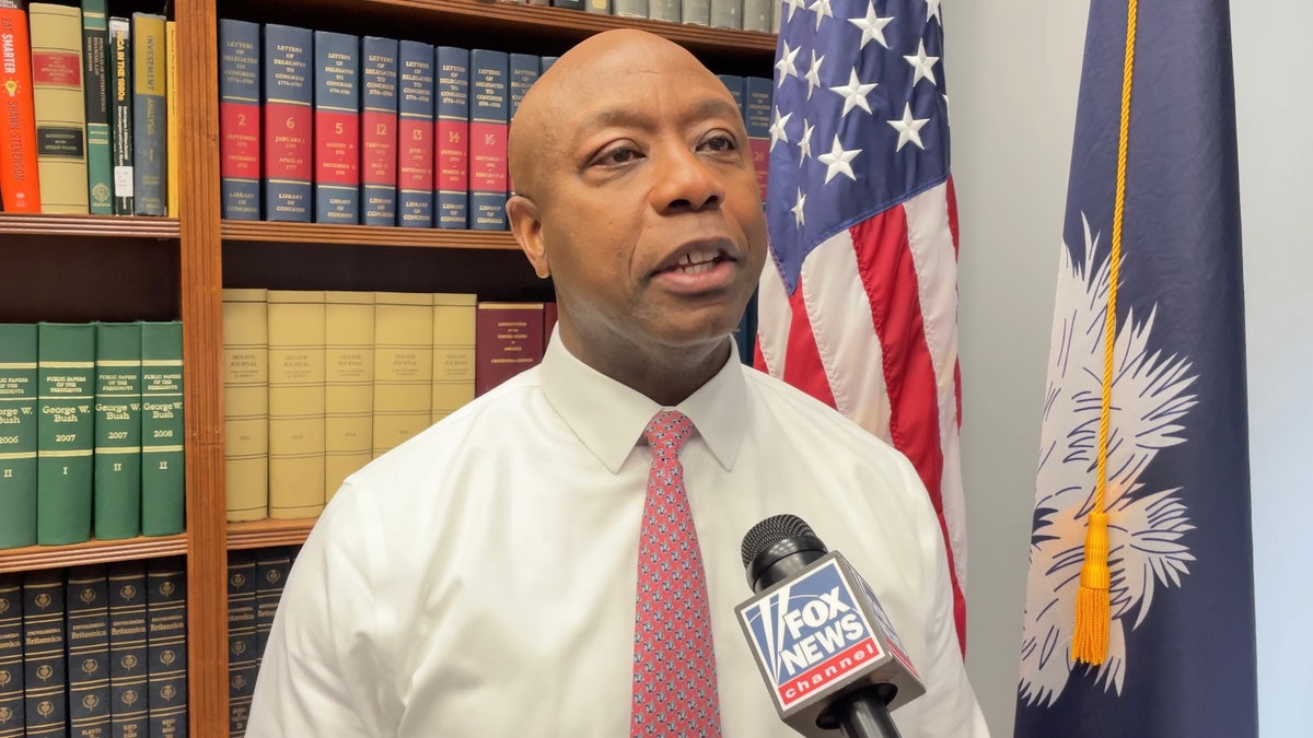 Senator Tim Scott of South Carolina, president of the National Republican Senatorial Committee, is interviewed by Fox News in Capitol Hill, on February 19, 2025 in Washington DC 