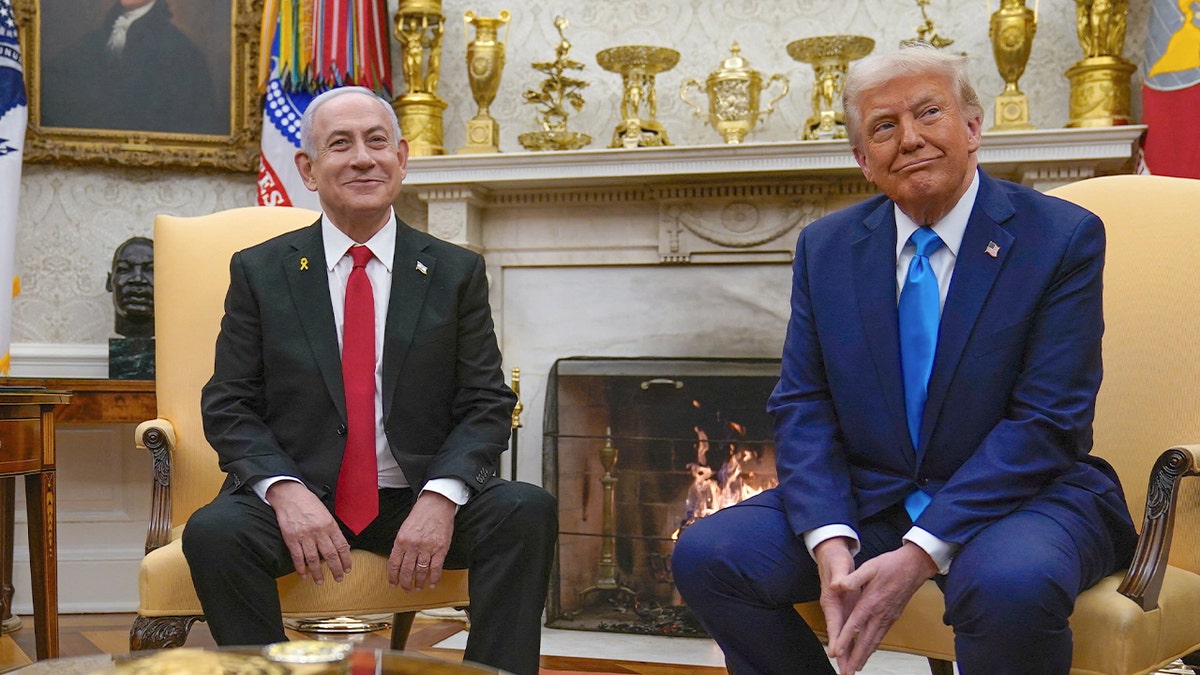 Israeli Prime Minister Benjamin Netanyahu and President Donald Trump sit in Oval Office