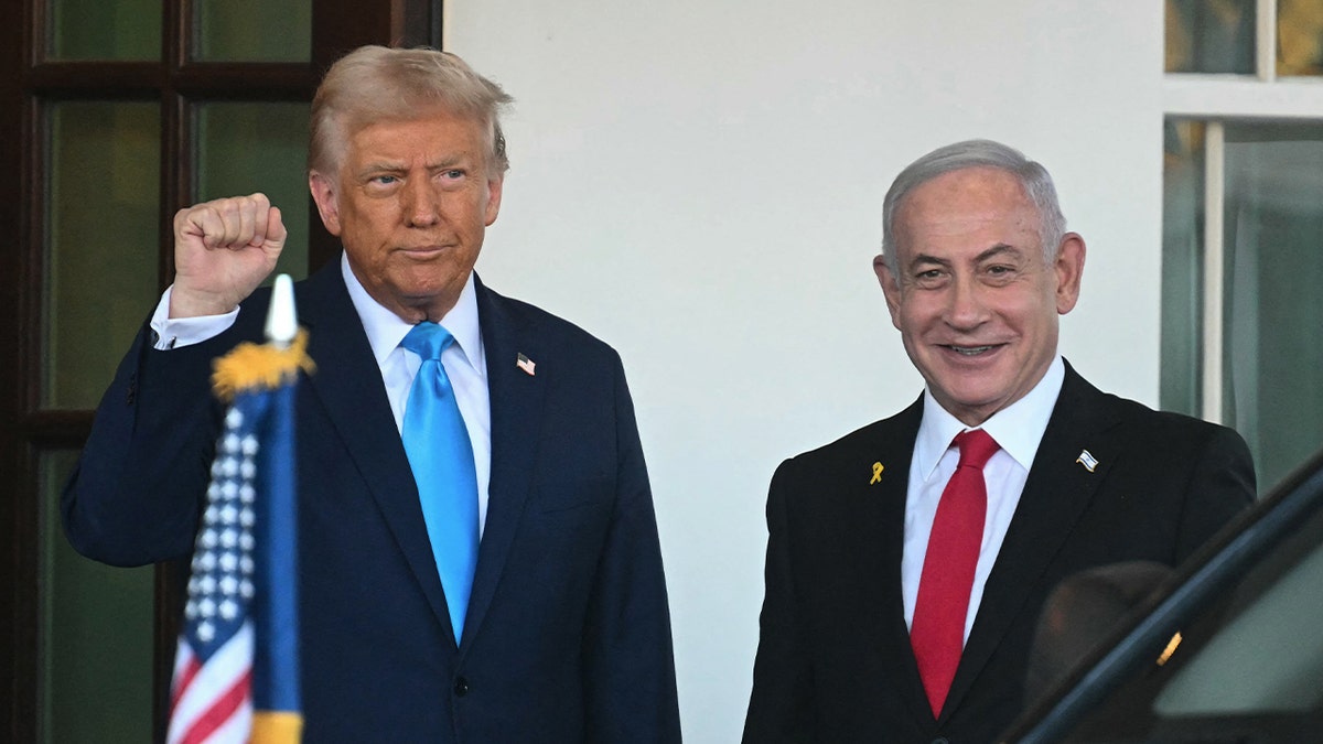 President Donald Trump greets Israeli Prime Minister Benjamin Netanyahu