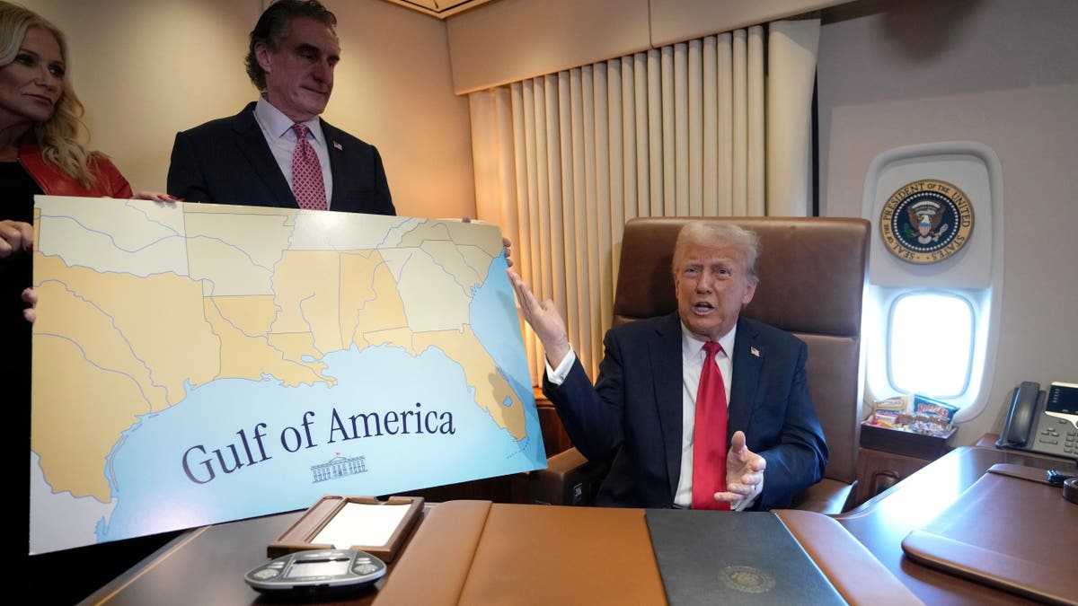 President Donald Trump, from right, speaks to reporters accompanied by Interior Secretary Doug Burgum and Burgum's woman  Kathryn Burgum, aboard Air Force One wherever  Trump signed a proclamation declaring Feb. 9 Gulf of America Day, arsenic  helium  travels from West Palm Beach, Fla. to New Orleans, Sunday, Feb. 9, 2025. (AP Photo/Ben Curtis)