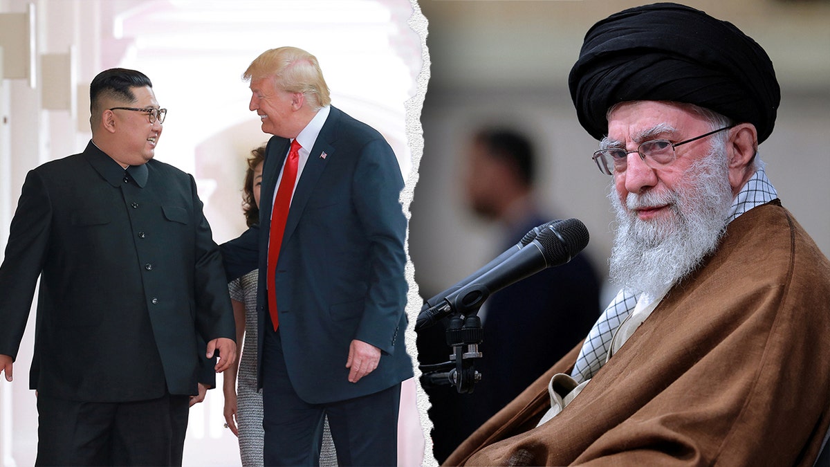 President Donald Trump standing with North Korea's Kim Jong Un and Iran's Ayatollah Khamenei sitting