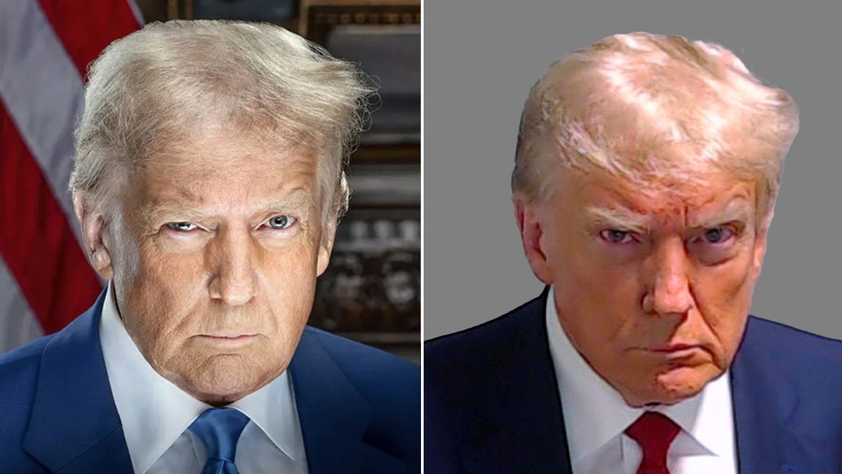 A split of Trump's mugshot and White House portrait