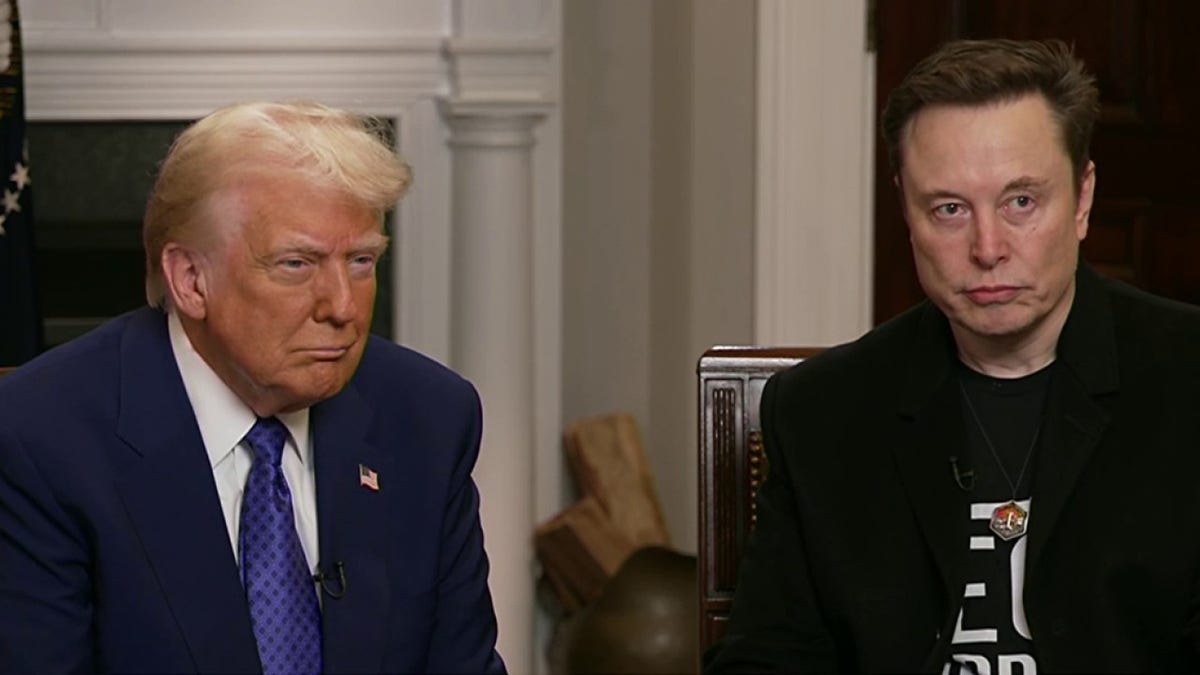 President Donald Trump (left) sits next to the head of Doge Elon Musk (right)