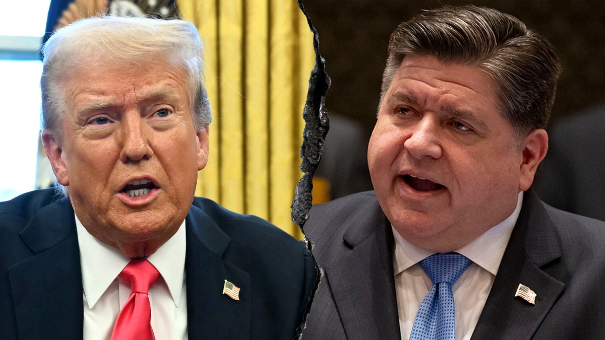 Presidente Trump, governador Pritzker na divisão da foto esquerda-direita