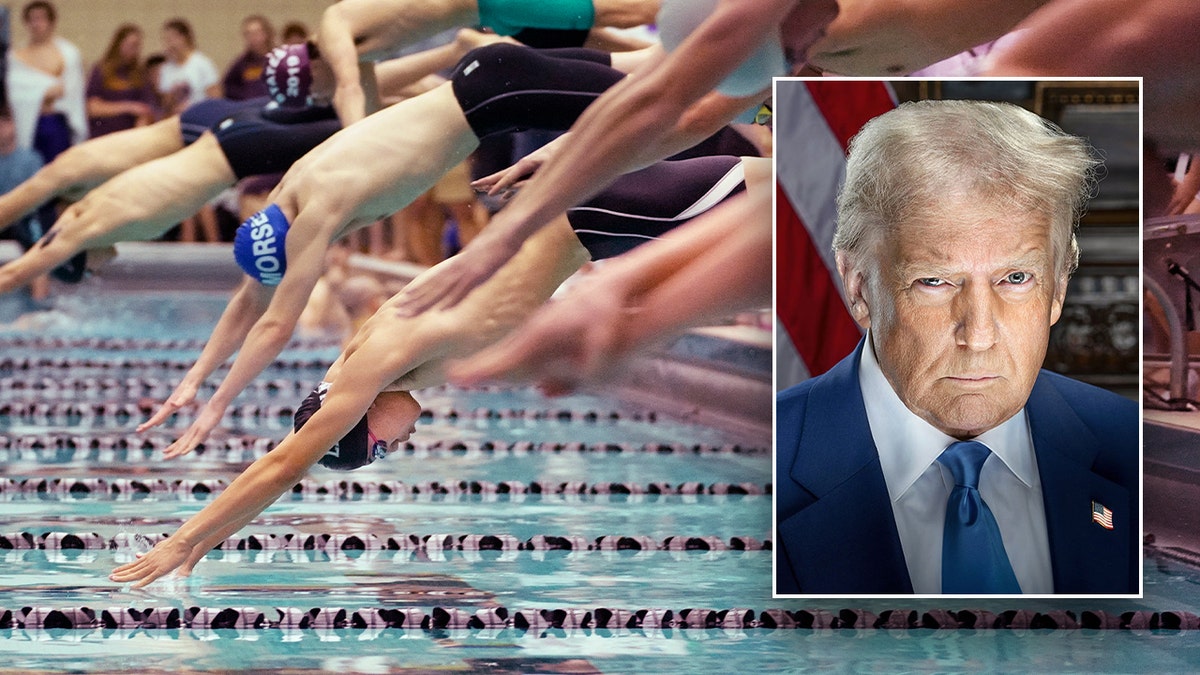 President Donald J. Trump appears over a photo of swimmers diving into a pool.