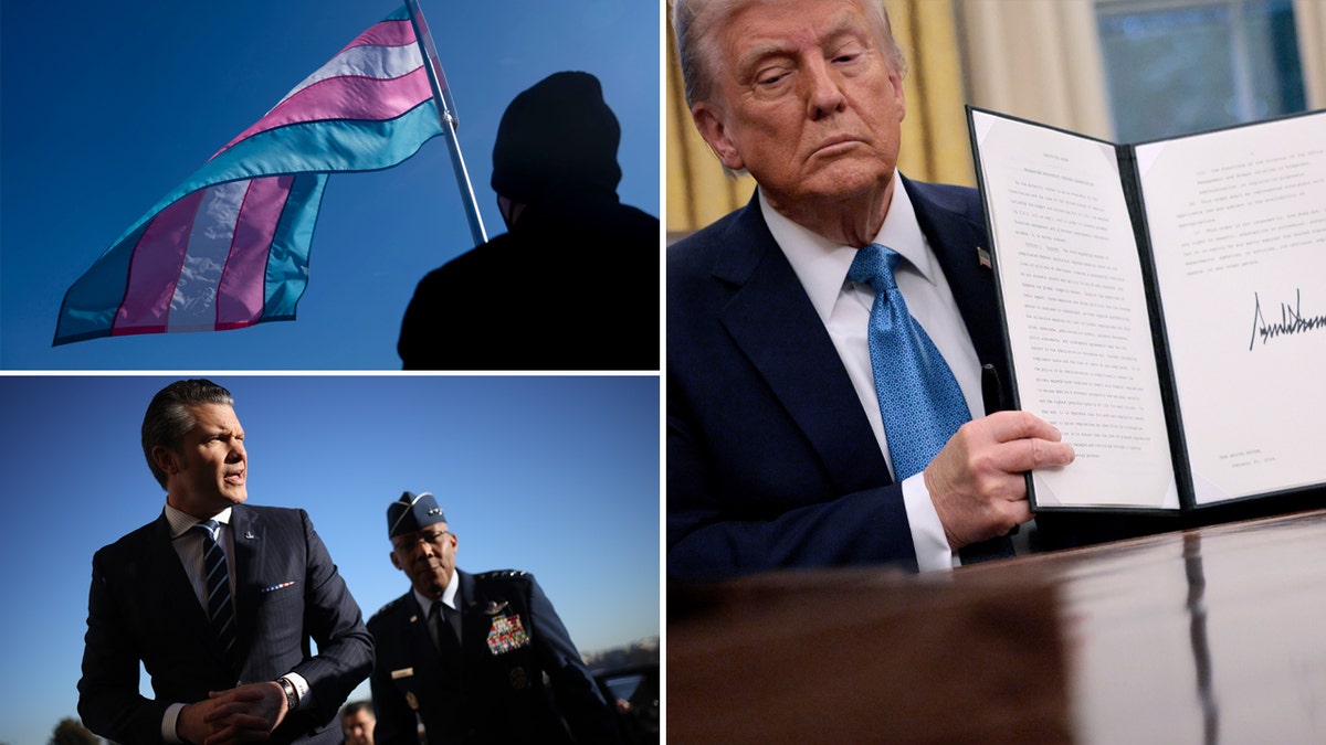 Split image with President Donald Trump signing an executive order, Defense Secretary Pete Hegseth and a transgender flag