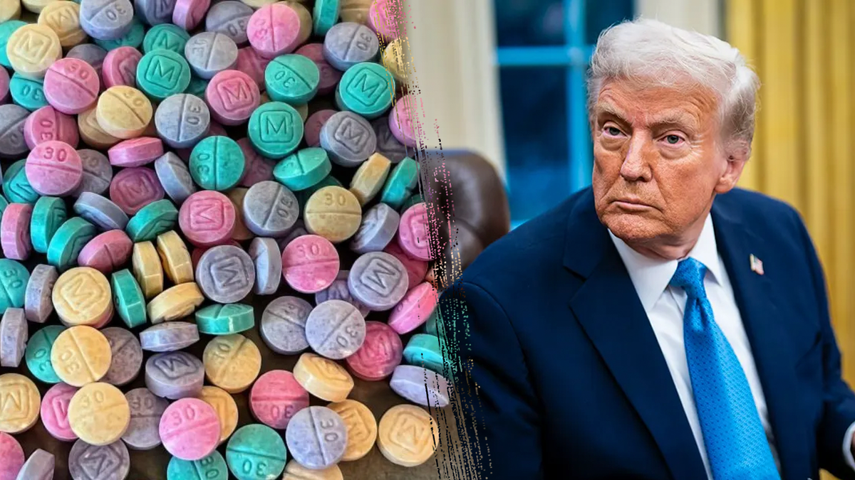  Fentanyl pills discovered by the DEA, left, and President Donald Trump, right 