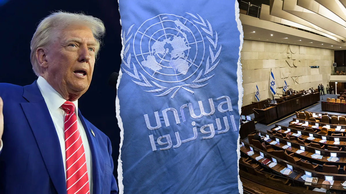 El presidente Donald Trump, la bandera de UNRWA e Israel Nesset