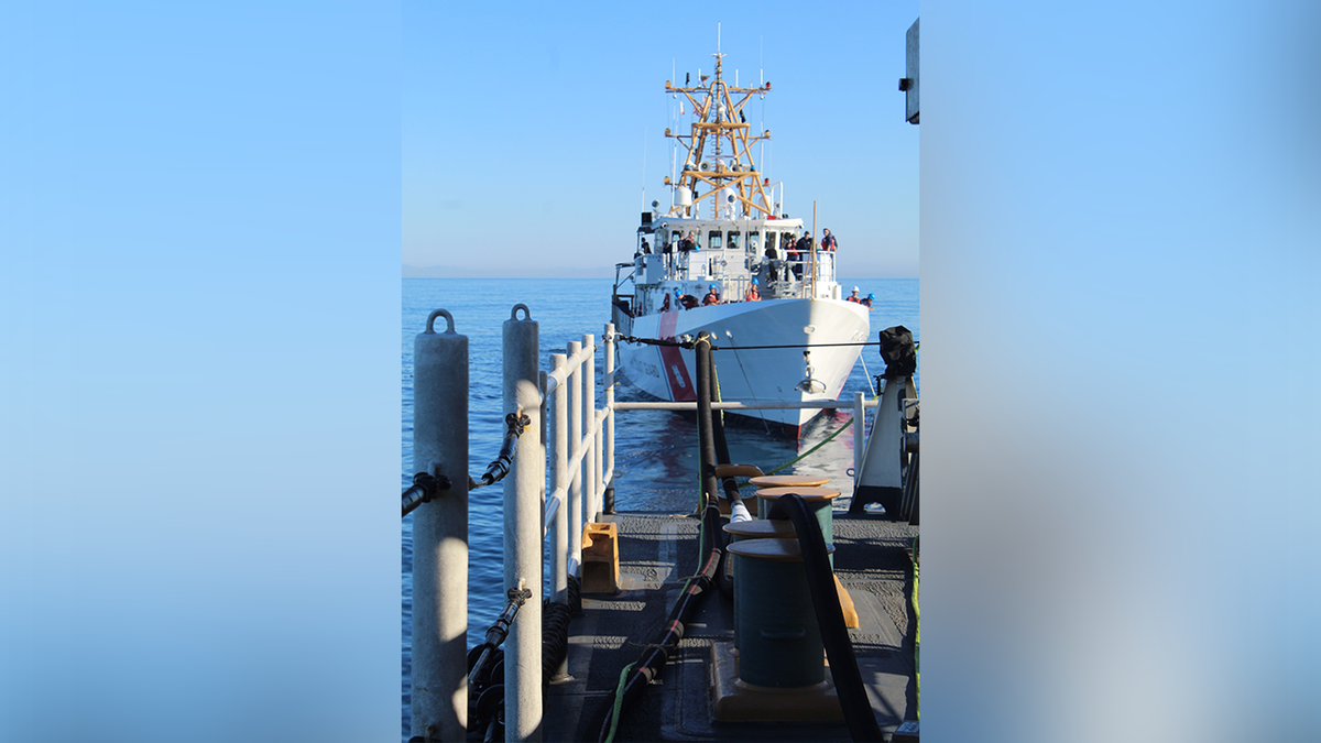 U.S. Coast Guard Chesches (WMSL-751) and U.S. Coast Guard Cutting Machine Forrest Rednour (WPC-1129) performed traction and assistant evolution at sea on December 7, 2024.