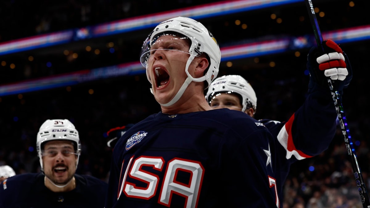 Team USA forward Brady Tkachuk celebrates scoring against Team Canada during the first period during the 4 Nations Face-Off ice hockey championship game at TD Garden.