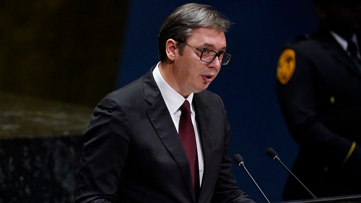 Serbia's President Aleksandar Vucic speaking at the UN.