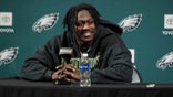 Philadelphia Eagles' A.J. Brown speaking at an NFL news conference in Philadelphia