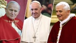 Split image of Pope Francis, Pope Benedict