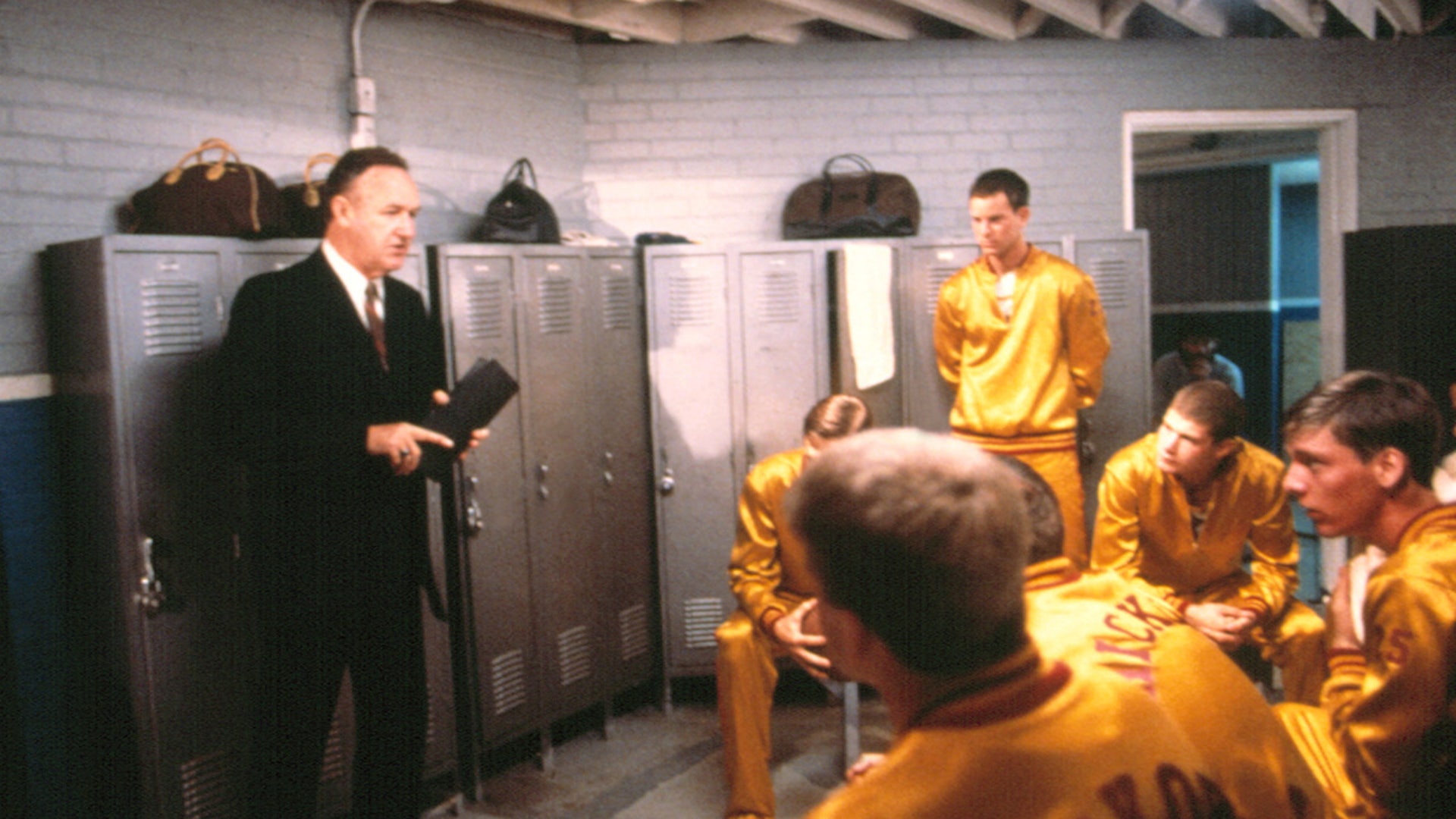 Gene Hackman appears in a classic film scene from Hoosiers before his death in 2025