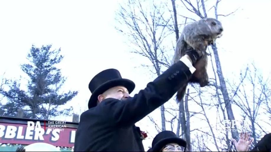 man holds up groundhog