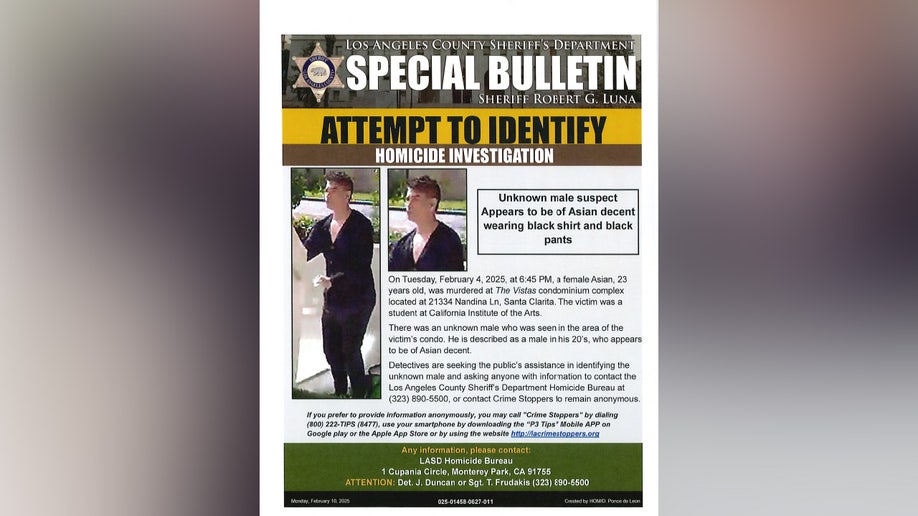 A bulletin showing a person of interest believed to be connected to the death of CalArts student Menghan Zhuang