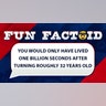 You would only have lived one billion seconds after turning roughly 32 years old.