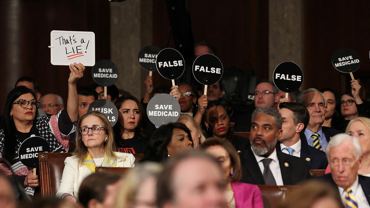 Democrats hold protest signs
