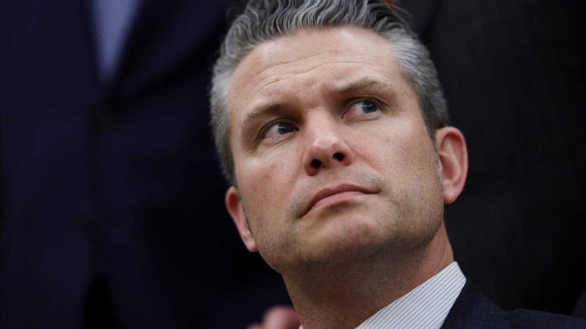U.S.Defense Secretary Pete Hegseth looks on, as U.S. President Donald Trump meets NATO Secretary General Mark Rutte, in the Oval Office at the White House in Washington, D.C., U.S., March 13, 2025.