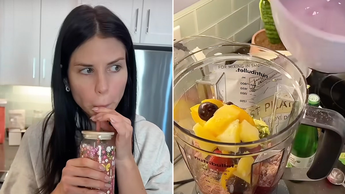 Alex Clark sips her "beauty smoothie," left. In the blender, right, are the sliced fruits she uses to make it.