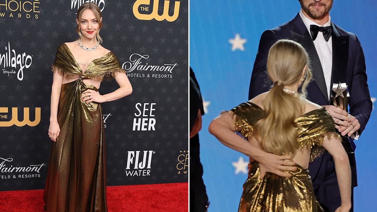 Photos from side to Amanda Seyfried on the red carpet with a gold dress with a photograph of her holding the back of her dress walking towards the stage