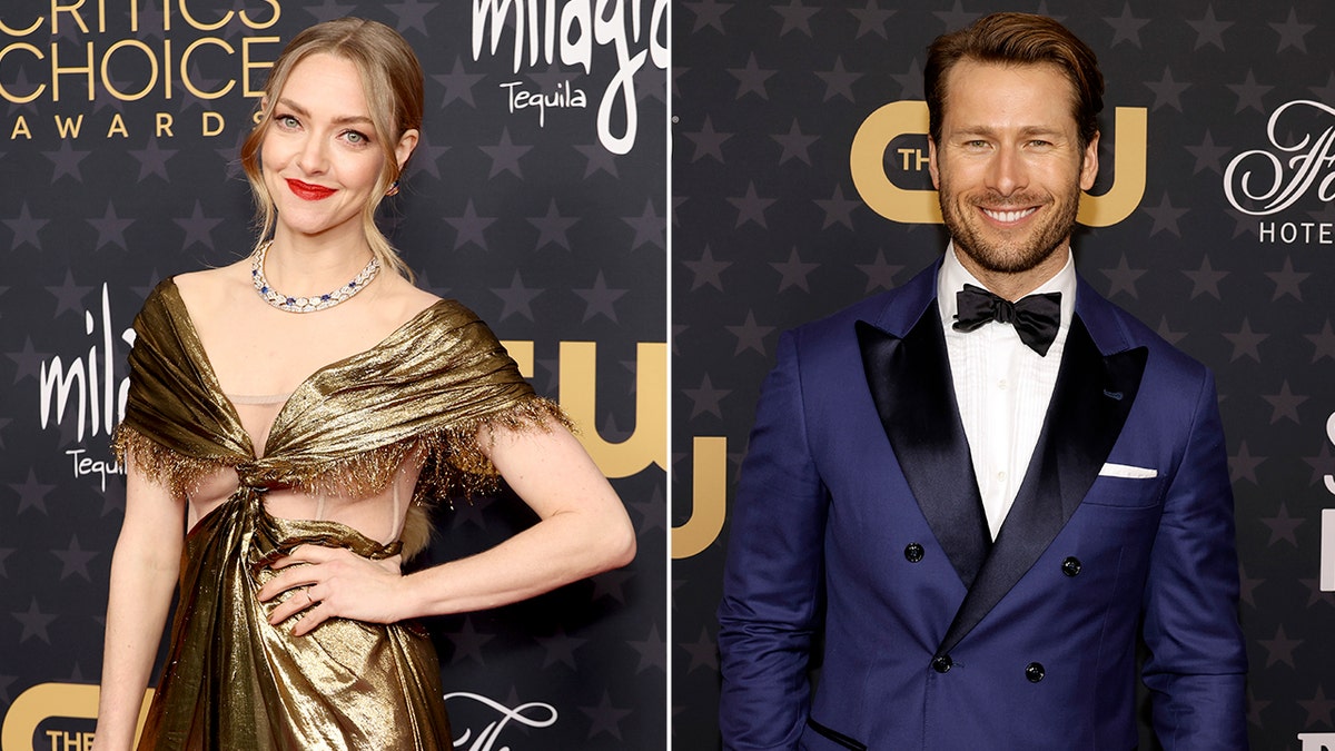 Photos from side to Amanda Seyfried with gold dress and Glen Powell with dark blue tuxedo